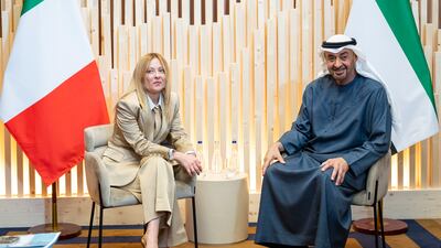 President Sheikh Mohamed meets Giorgia Meloni, Prime Minister of Italy. Photo: UAE Presidential Court