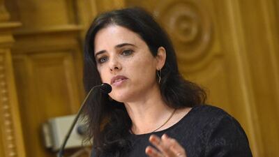 Israeli Justice Minister Ayelet Shaked delivers a speech on "Internet usage and responsibility - legal means to curb online hate speech" in Budapest, Hungary, on June 6, 2016. Tamas Kovacs / MTI via AP