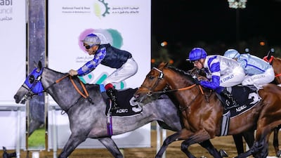 Mashhur Al Khalediah, ridden by Jean-Bernard Eyquem, won the Sheikh Zayed bin Sultan Al Nahyan Jewel Crown at the Abu Dhabi Equestrian Club. Victor Besa / The National Section