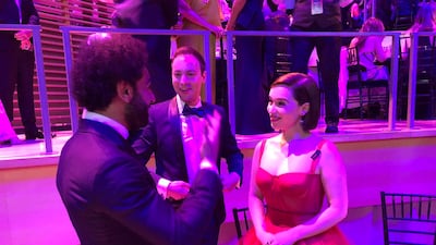 Mohamed Salah meets with actress Emilia Clarke at the Time 100 event in New York. Mohamed Salah / Twitter