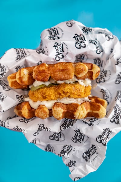 Vegan 'chicken' waffle burger. Photo: Chuck Chick