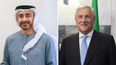 Sheikh Abdullah bin Zayed, Deputy Prime Minister and Minister of Foreign Affairs, and Italian Foreign Minister Antonio Tajani held a phone call on Wednesday. Wam / EPA