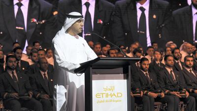 Hamad Al Shamsi, vice chairman of Etihad Aviation Group, speaks the the graduation of more than 400 members of the 2017 Future Leaders Programme. Courtesy Etihad Airway