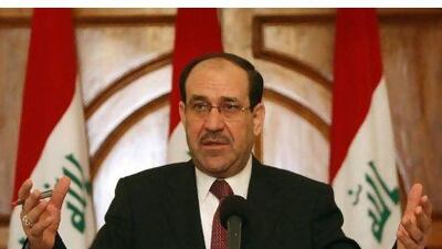 Iraqi prime minister Nouri al Maliki at a press conference in Baghdad yesterday as he called for a dialogue with rival blocs to gauge whether or not US troops currently in Iraq should stay beyond the end-of-the-year deadline for their withdrawal.