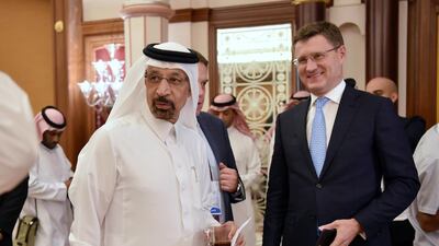 Saudi energy Minister Khalid Al Falih, left with his Russian counterpart Alexander Novak the Opec+ technical committee meeting in Jeddah. REUTERS