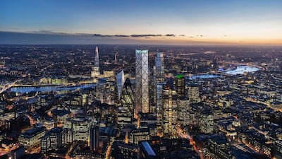 An artist's impression shows the proposed design for 1 Undershaft (centre), a new building in the City of London. Courtesy DBox for Eric Parry Architects.
