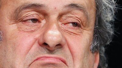 Uefa president Michel Platini grimaces during a press conference following a meeting of the UEFA board ahead of the FIFA congress in a hotel in Zurich, Switzerland. Michael Probst / AP Photo