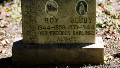 A headstone for two dogs: 'Boy' and 'Bobby'