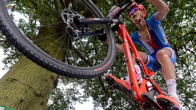 Czech Republic's Jaroslav Kulhavy competes to win the men's cycling cross-country mountain bike race at Hadleigh Farm Carl de Souza / AFP Photos