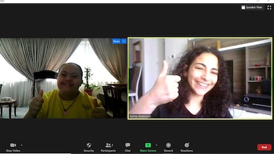 Nour El Akhdar, a Special Olympics athlete in a virtual training session with NYUAD student Salma Abdelaziz. The sessions are aimed at helping athletes with intellectual and developmental disabilities stay fit while remaingin at home during the coronavirus pandemic. Courtesy: NYU Abu Dhabi