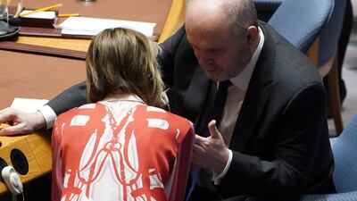Turkish ambassador to the United Nations Feridun Sinirlioglu speaks with U.S. Ambassador to the United Nations Kelly Craft alone following a Security Council meeting about the situation in Syria at United Nations Headquarters in the Manhattan borough of New York City, New York, U.S. REUTERS