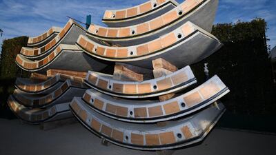 Concrete segments for the tunnel are displayed. AP Photo