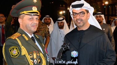 Sheikh Hamed bin Zayed, Chairman of the Crown Prince Court of Abu Dhabi and Abu Dhabi Executive Council Member, presents an award to the Armenian Military Orchestra and Armenian Guard of Honour, during the official IDEX 2019 Gala Dinner.