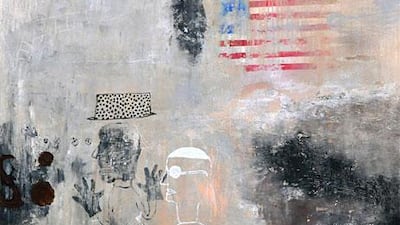 Much of Kareem Risan’s work focuses on the aftermath of the US bombing campaigns. Here, Remains of the Flag (2010), Mixed media on canvas.