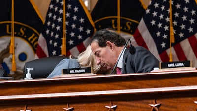 Jamie Raskin and Liz Cheney in discussion. The committee has bene set up to investigate what was behind more than 2,000 supporters of Donald Trump storming the Capitol Building in Washington. Bloomberg