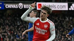 Arsenal midfielder Max Dowman celebrates scoring their late second goal against Everton. AFP