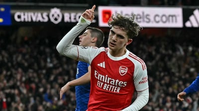 Arsenal midfielder Max Dowman celebrates scoring their late second goal against Everton. AFP