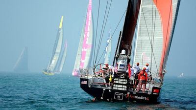 Team Alvimedica shown trailing Team Mapfre (red), and Team Brunel (yellow) at the start of Leg 3 of the Volvo Ocean Race on Saturday in Abu Dhabi. Photo Courtesy / Volvo Ocean Race / Getty Images