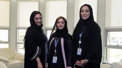 Abu Dhabi Airports Company colleagues, from left, Arwa bin Haider, Iman Marzouqi and Mona Al Ghanim have blazed a trail for women in the UAE’s aviation sector, bringing their expertise and raising the bar for Emiratis in business and commerce. Jeffrey E Biteng / The National