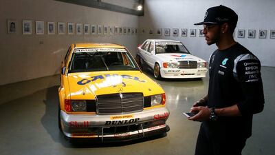 Lewis Hamilton of Great Britain and Mercedes GP takes pictures of vintage racing cars during the Mercedes Benz Motorsport Kickoff 2016 at the Inner Sanctum on March 11, 2016 in Stuttgart, Germany. (Photo by Alexander Hassenstein/Bongarts/Getty Images)