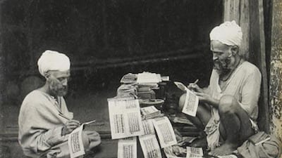 Book writers in Kashmir, circa 1900, by an unknown photographer.