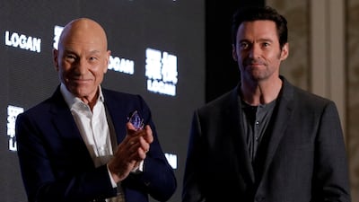 Stewart with Hugh Jackman during the Asian premiere of the X-Men film Logan in 2017. Reuters