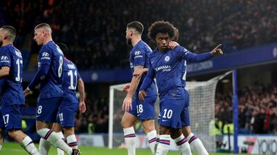 Willian celebrates scoring against Liverpool in the FA Cup. Reuters