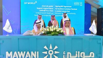 DP World chairman Sultan Ahmed Bin Sulayem and Saudi Arabia's minister of transport Saleh bin Naser Al Jasser sign a deal awarding the Dubai company a a 30-year Build-Operate-Transfer (BOT) concession for the Jeddah South Container Terminal at the Jeddah Islamic Port. Courtesy DP World
