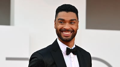 Rege-Jean Page wears a black tuxedo. EPA