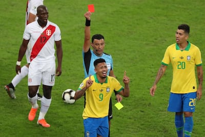 Gabriel Jesus took his red card rather badly after being dismissed for two bookable offences. AP Photo