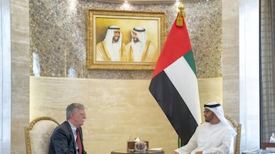 John Bolton, US national security adviser, is received by Sheikh Mohamed bin Zayed in Abu Dhabi. Ministry of Presidential Affairs