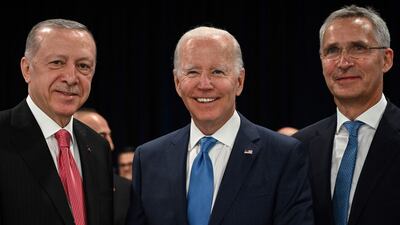 From left: Turkey's President Recep Tayyip Erdogan, US President Joe Biden, and Nato Secretary General Jens Stoltenberg at the Nato summit in Madrid, Spain. AFP