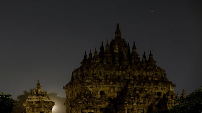 The Super Flower Blood Moon rises over the Buddhist Plaosan temple in Klaten regency, Central Java province, Indonesia. It is estimated that the temple was built in the 9th century. Reuters