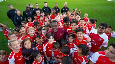 Arsenal and England striker Danny Welbeck made a guest appearance at Arsenal Soccer School Dubai on Wednesday. Courtesy Emirates Media