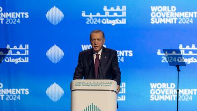 Turkey's President Recep Tayyip Erdogan speaks at the World Governments Summit in Dubai on Tuesday. Antonie Robertson / The National