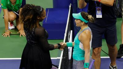 Serena Williams shakes hands with Danka Kovinic after their first-round match. Reuters