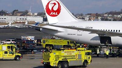 Fire trucks surround a Japan Airlines Boeing 787 Dreamliner that caught fire at Logan International Airport in Boston, Massachusetts. Brian Snyder / Reuters