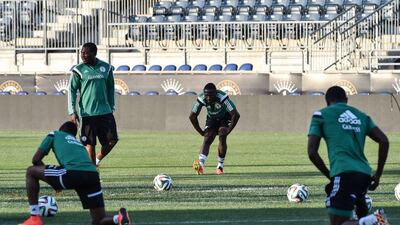 Members of the Nigeria national team shown during Monday's training session in anticipation of the 2014 World Cup in Brazill. Nicholas Kamm / AFP / June 2, 2014