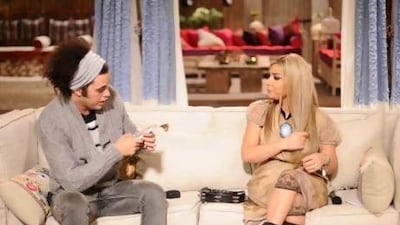 The Sola host Assala Nasri, right, speaks to the guest Abdul Fattah Al Gharaini. Courtesy OSN