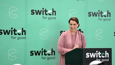 Mariam Almheiri, UAE Minister of Climate Change and Environment, speaks at the inauguration of Switch Foods in Abu Dhabi