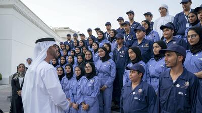 Sheikh Mohamed bin Zayed, Crown Prince of Abu Dhabi and Deputy Supreme Commander of the UAE Armed Forces, speaks with a group of Ministry of Education 'Giving Ambassadors', during a Sea Palace barza. Mohamed Al Hammadi / Ministry of Presidential Affairs