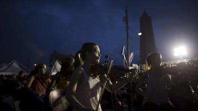 Musicians during a rehearsal for Pope Francis’s visit to Cuba, at the Revolution Square in Havana. Alexandre Meneghini / Reuters