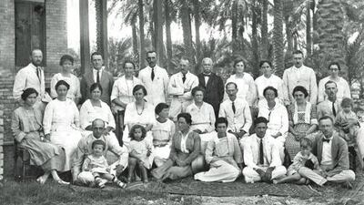 Members of the American Mission at Basra for their annual meeting in 1922. Sarah Hosmon is seated in the second row, second from the left, with Dr Louis Dame standing, second from the right. Both practised medicine in what is now the UAE.
