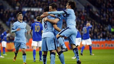 Manchester City's Frank Lampard celebrates with teammates after his goal against Leicester City to fuel a 1-0 Premier League victory on Saturday at the King Power Stadium in Leicester. Darren Staples / Reuters