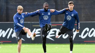 Soccer Football - World Cup - UEFA Qualifiers - Germany Training - Hamburg, Germany - October 6, 2021 Germany's Timo Werner, Antonio Rudiger and Kai Havertz during training REUTERS / Fabian Bimmer