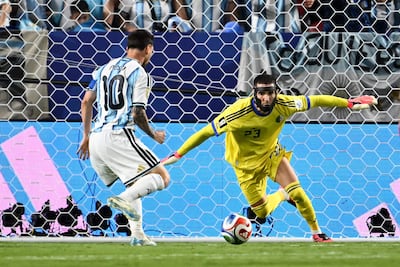 Argentina's Lionel Messi scores his team's second goal against Algeria at the Kansas City Stadium. AFP