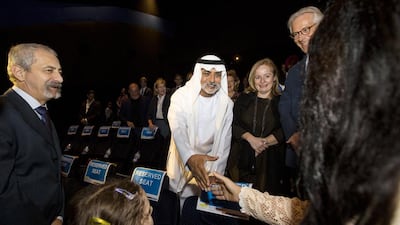 Sheikh Nahyan bin Mubarak, Minister of Culture, Youth and Community Development, greets guests prior to the European Film Screenings at Novo cinemas. Christopher Pike / The National