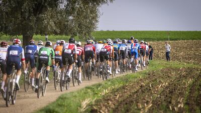Competitors in the Men Elite race of the UCI Gravel World Championships travel through Maastricht, in the Netherlands. EPA