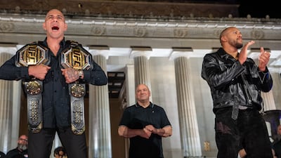 Alex Pereira, left, and Ciryl Gane during a news conference at the Lincoln Memorial ahead of the UFC Freedom250. Bloomberg