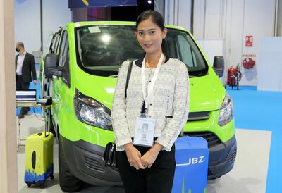 Mischelle Cacho, a Dubai resident, at the Airport Show in Dubai on Wednesday. Pawan Singh / The National